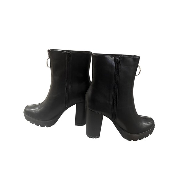 Black Chunky Heel Ankle Boots With Front & Side Zippers Size 8 - Picture 2 of 6